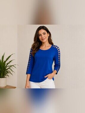 Joseph Ribkoff Cobalt Blue Cutout Sleeve Top | 3/4 Sleeve Statement Blouse